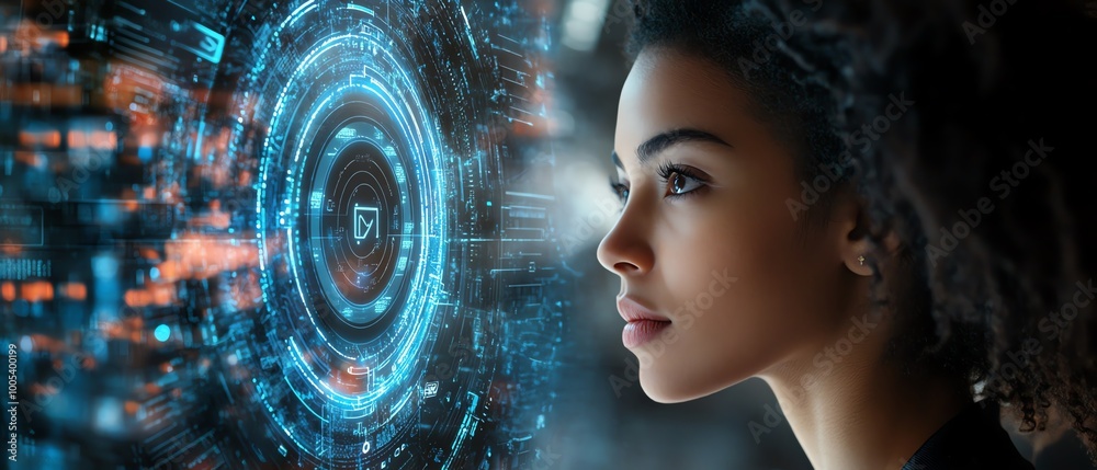 Poster privacy lock icon on a virtual screen interface of a laptop, woman interacting with computer, modern