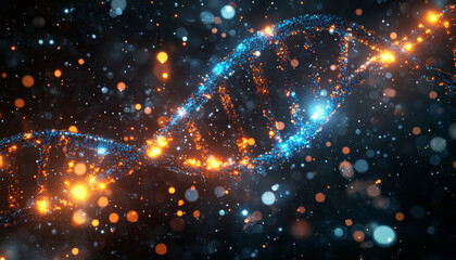 Obraz premium A vibrant digital representation of a DNA double helix, showcasing the beauty of genetic structures amidst a cosmic backdrop.