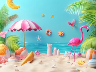 2408 114.A 3D summer sale promotion banner with tropical beach vibes, featuring colorful decorations like flamingos, beach umbrellas, and sandcastles. The design uses vibrant, refreshing colors to
