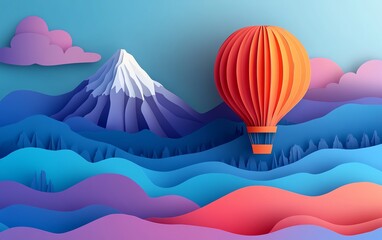 Whimsical hot air balloon over hills and mountains in a paper cutout style, banner background with ample space for copy, bright and vibrant design, highresolution