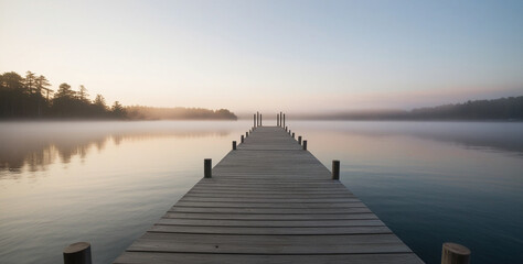 Naklejka premium Peaceful morning scene featuring a wooden dock vanishing into the foggy horizon. 