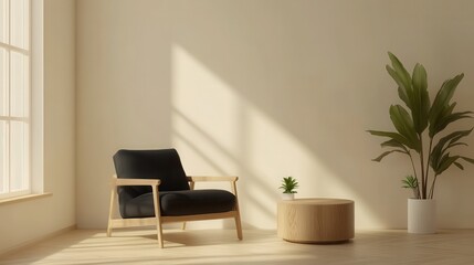 Mock up frame of a comfortable seating area with a modern black armchair, soft cream walls, and a low wooden coffee table