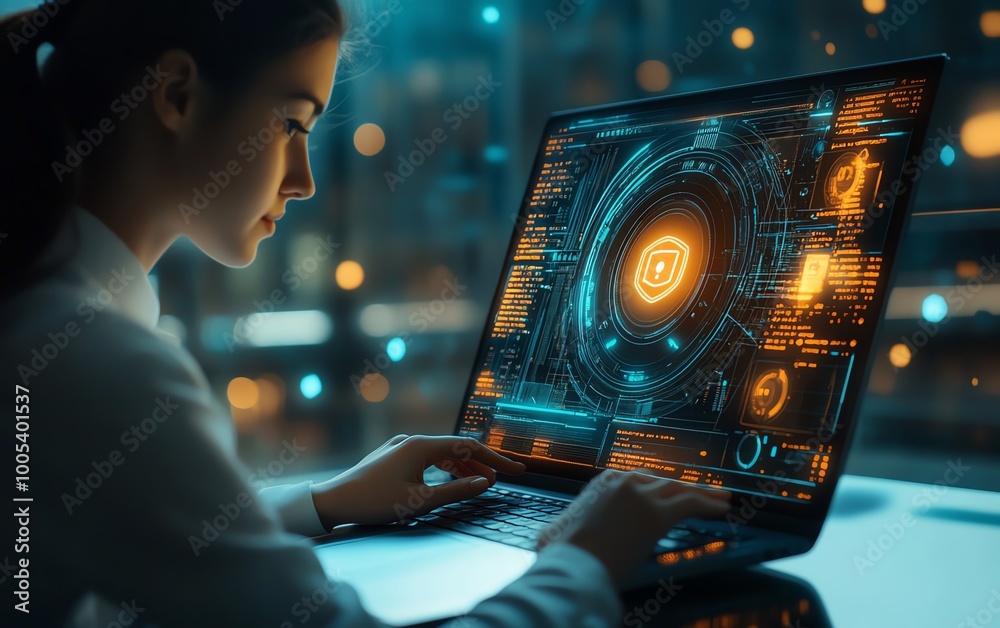 Aufkleber woman operating a laptop with a privacy lock icon on the virtual screen interface, focusing on data 