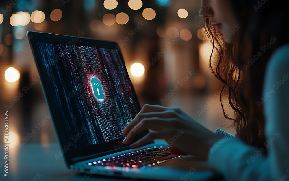 Aufkleber Woman operating a laptop with a Privacy Lock icon on the virtual screen interface, focusing on data security, sleek and modern, highresolution