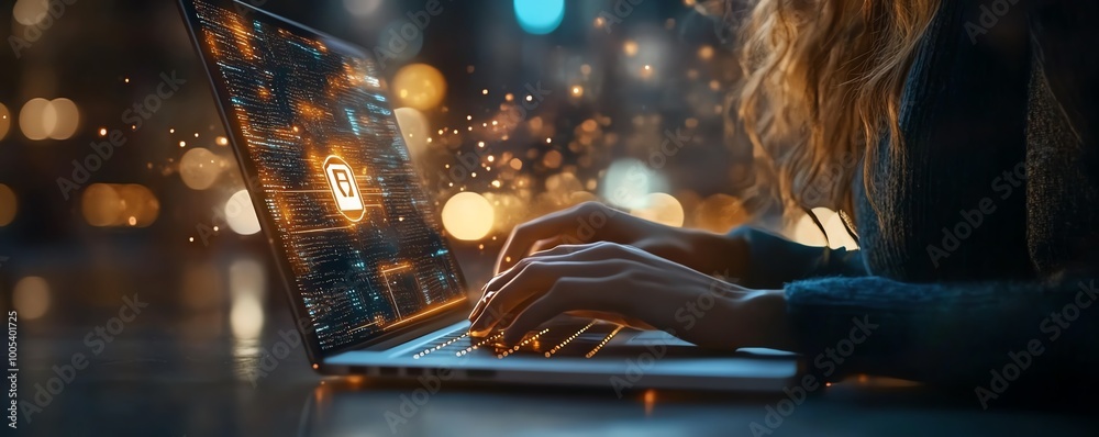 Aufkleber Woman operating a laptop with a Privacy Lock icon on the virtual screen interface, focusing on data security, sleek and modern, highresolution