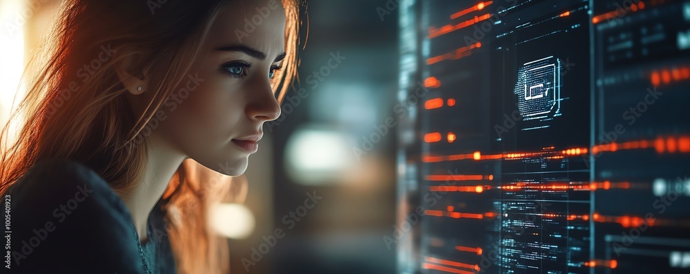 Aufkleber Woman operating a laptop with a Privacy Lock icon on the virtual screen interface, focusing on data security, sleek and modern, highresolution