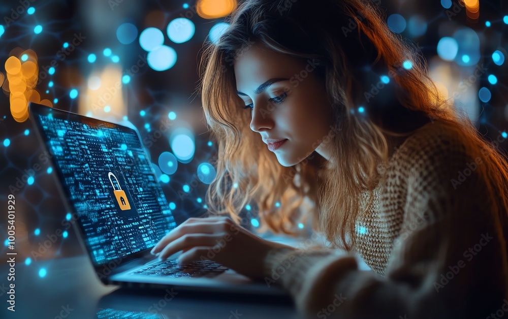 Aufkleber woman operating a laptop with a privacy lock icon on the virtual screen interface, focusing on data 