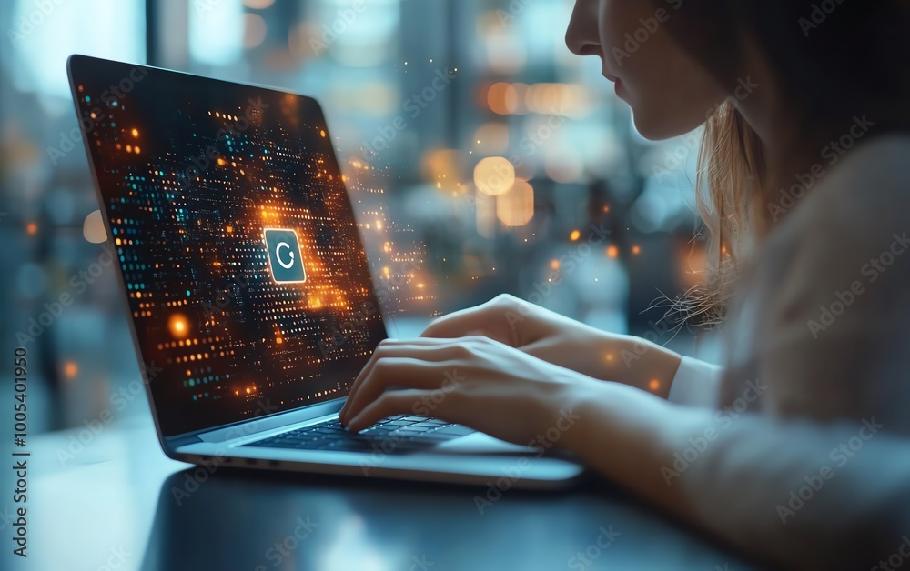 Aufkleber woman operating a laptop with a privacy lock icon on the virtual screen interface, focusing on data 