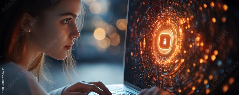 Aufkleber woman operating a laptop with a privacy lock icon on the virtual screen interface, focusing on data 