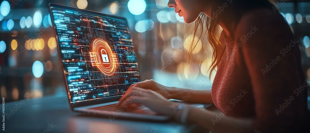 Aufkleber woman using a laptop computer, showing a privacy lock icon on virtual screen interfaces, modern and 
