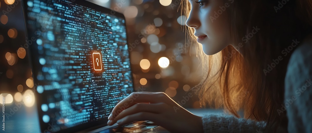 Aufkleber woman using a laptop computer, showing a privacy lock icon on virtual screen interfaces, modern and 