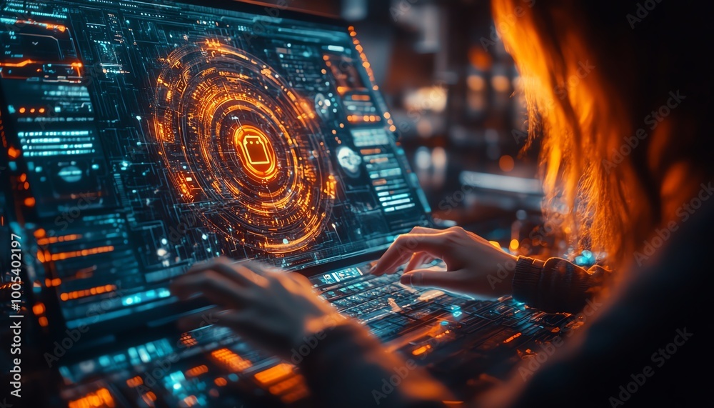 Aufkleber woman using a laptop computer, showing a privacy lock icon on virtual screen interfaces, modern and 