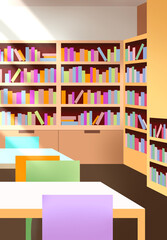 Modern library interior illustration featuring bookshelves filled with colorful books, minimalist design, and soft sunlight. Perfect for educational, reading, and learning themes