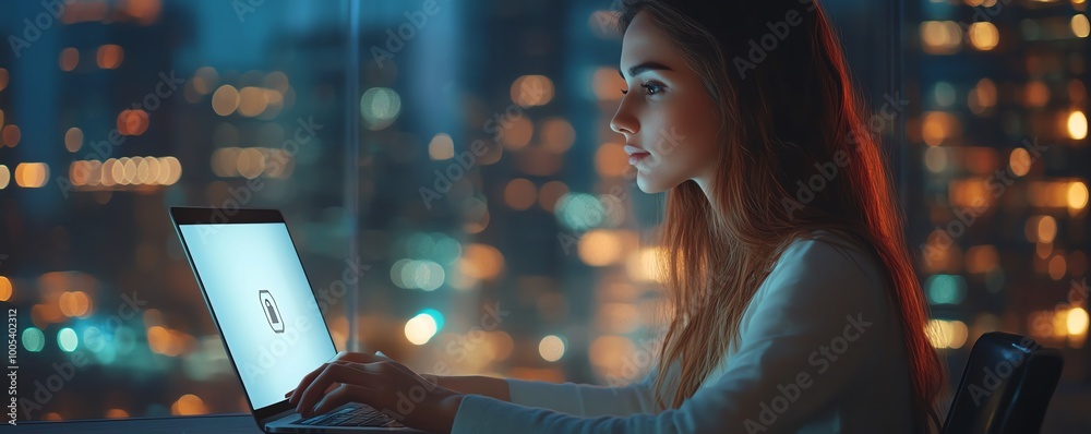 Aufkleber woman using a laptop computer, showing a privacy lock icon on virtual screen interfaces, modern and 