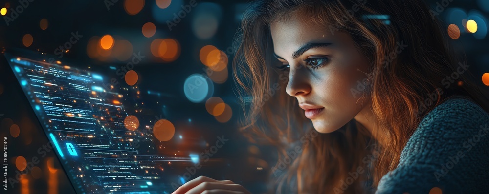 Aufkleber woman using a laptop computer, showing a privacy lock icon on virtual screen interfaces, modern and 
