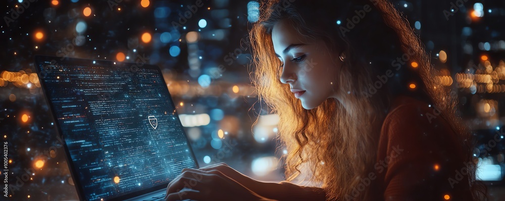 Aufkleber woman using a laptop computer, showing a privacy lock icon on virtual screen interfaces, modern and 