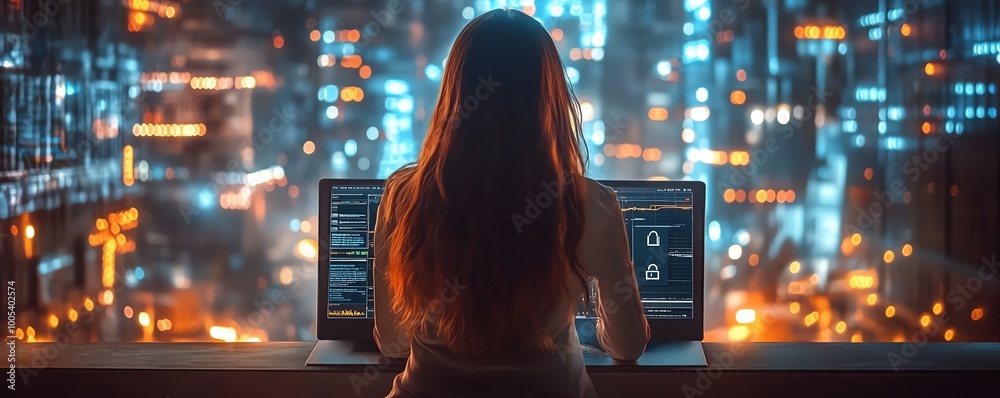 Aufkleber woman using a laptop computer, showing a privacy lock icon on virtual screen interfaces, modern and 