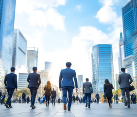 Obraz premium Ambition's Ascent: Businesspeople stride purposefully through a modern cityscape, their backs to the camera, conveying a sense of forward momentum and collective ambition.