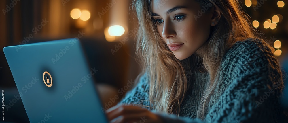 Poster woman using a laptop with privacy lock icon on virtual screen, emphasizing privacy and security feat