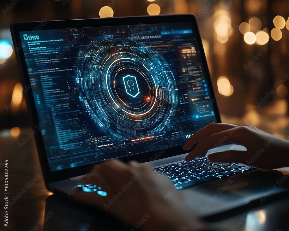 Poster Woman using a laptop with Privacy Lock icon on virtual screen, emphasizing privacy and security features, clear and detailed, 4K quality
