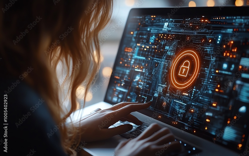 Poster woman using a laptop with privacy lock icon on virtual screen, emphasizing privacy and security feat