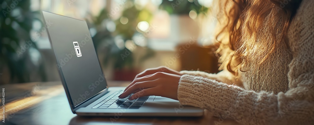 Poster woman using a laptop with privacy lock icon on virtual screen, emphasizing privacy and security feat