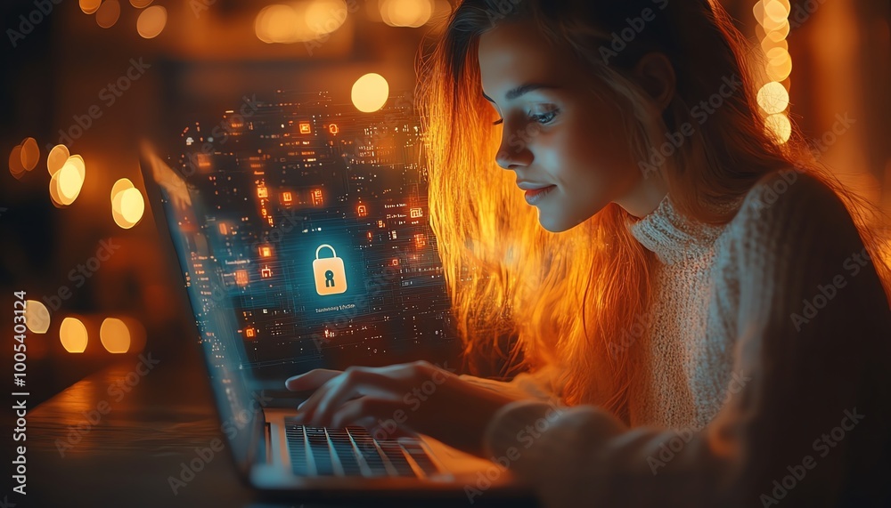 Poster woman using a laptop with privacy lock icon on virtual screen, emphasizing privacy and security feat