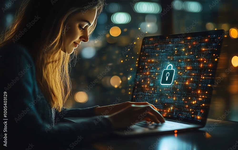 Poster woman with a laptop displaying a privacy lock icon on virtual screen, techfocused and secure environ