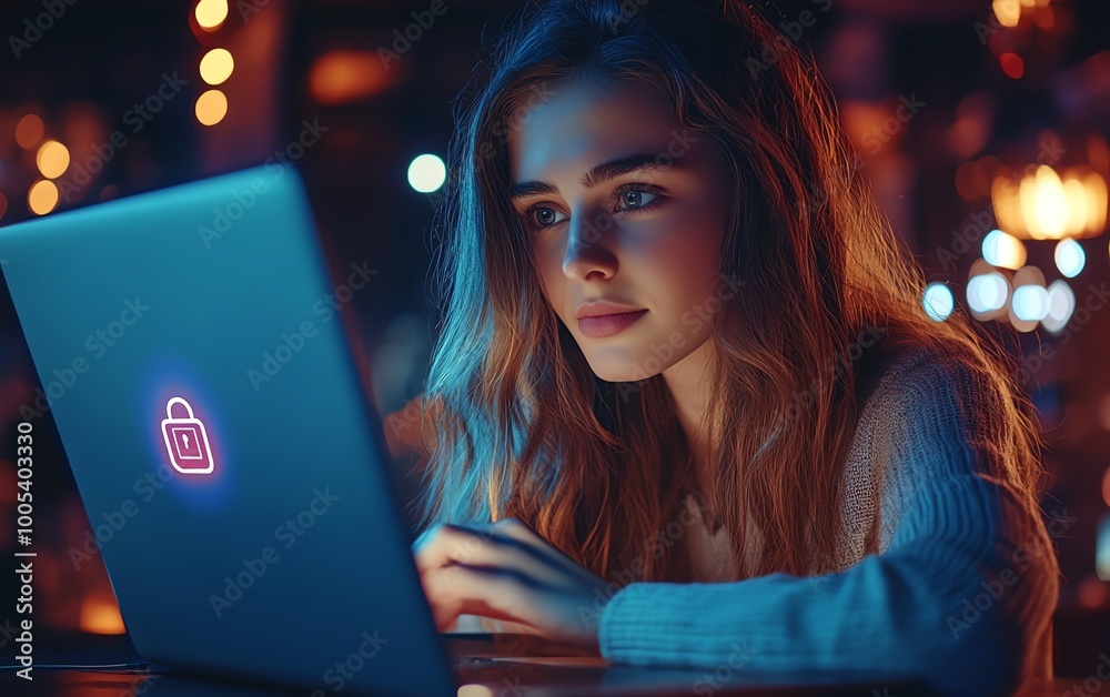 Aufkleber woman with a laptop displaying a privacy lock icon on virtual screen, techfocused and secure environ