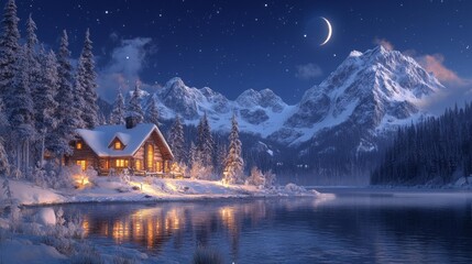 Fototapeta premium Snowy Cabin by a Frozen Lake in Winter Night Generative AI