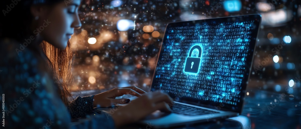 Poster woman with a laptop displaying a privacy lock icon on virtual screen, techfocused and secure environ