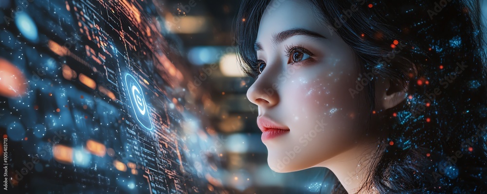 Aufkleber Woman with a laptop displaying a Privacy Lock icon on virtual screen, techfocused and secure environment, detailed and vibrant, highresolution