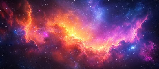 Fototapeta premium A vibrant nebula filled with swirling gas and dust, glowing in shades of pink, orange, and blue against a backdrop of twinkling stars.