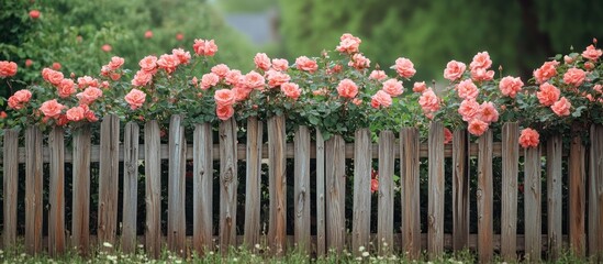 Fototapeta premium A wooden fence with a row of pink roses blooming on top.