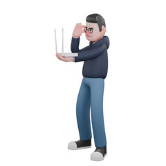 3D Professional in Programming. A male programmer is standing while his left hand is carrying a WiFi router while his right hand is holding the glasses he is wearing. Male Programmer