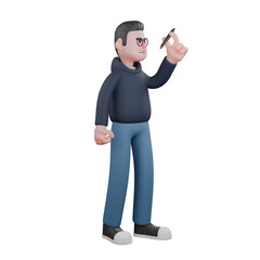 Animated Professional Programmer. A male programmer is standing while observing a game stick held in his left hand. 3D Male