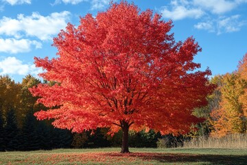 Bright red maple tree standing in a field in autumn