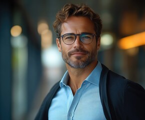 Obraz premium Confident businessman wearing glasses smiling in office building