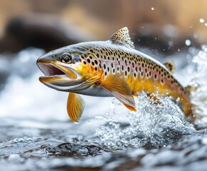 Brown trout fish jumping splashing water river wildlife nature