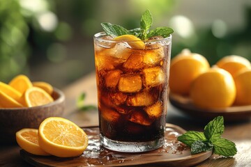 Refreshing iced tea with lemon and mint on wooden table