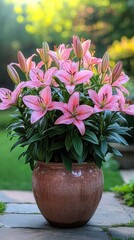 Pink asiatic lilies blooming in a garden pot © kardaska