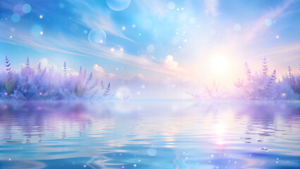Fototapeta premium Dreamy landscape with shimmering water and soft pastel colors at sunset 