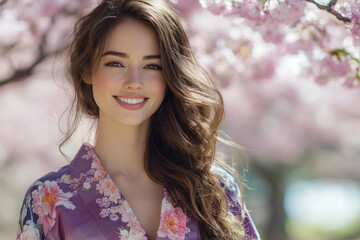 Naklejka premium Canadian woman wearing japanese kimono with cherry blossom background