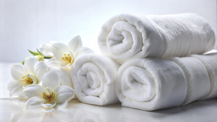 Fototapeta premium Relaxation spa background with rolled towels and white flowers 