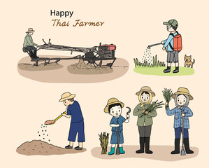 Farmer activity set, Thai farmer. Hand drawn style vector illustration.