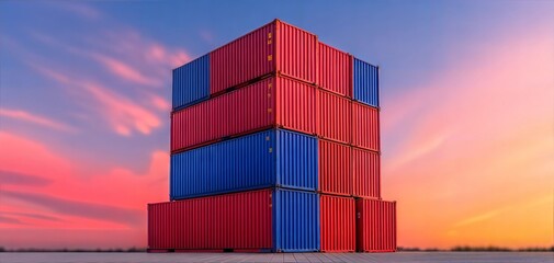 Fototapeta premium Colorful stacked shipping containers against a vibrant sunset sky, showcasing modern logistics and transportation.