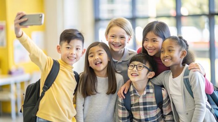 Obraz premium Class selfie in an elementary school. Kids taking a picture together in a co-ed school