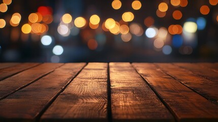 Wooden Tabletop with Blurred City Lights at Night