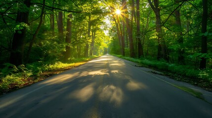 Obraz premium A calm road through a forest covered with leaves with sun peeking through