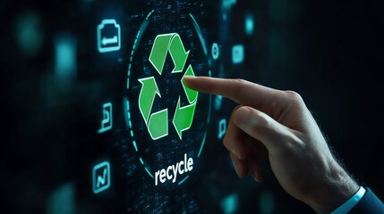 Hand pressing recycle button on digital screen, green eco-friendly concept.